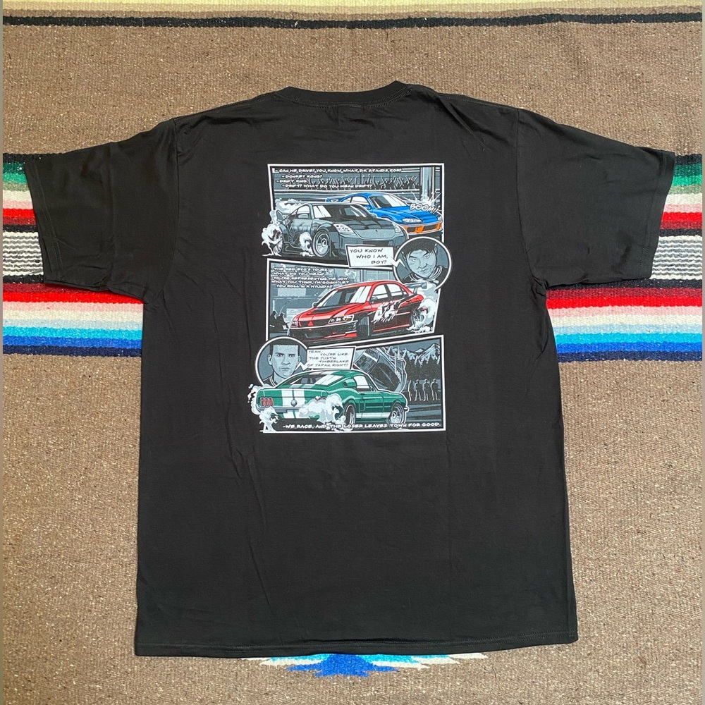 Tokyo Drift JDM-themed graphic shirt featuring a comic strip on the back Size L
